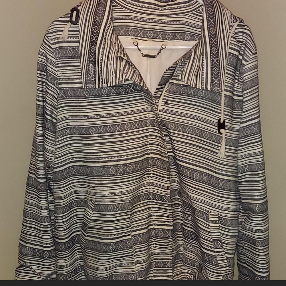 Anthropologie Capulet Anorak Beige Gray Hooded Zip Lined Aztec Jacket large